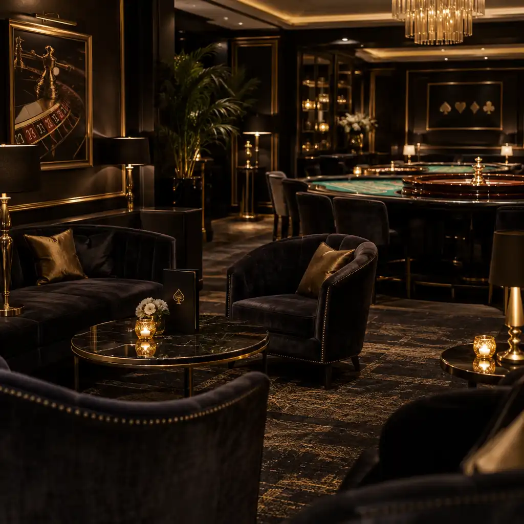 Atmosphärischer Blick in einen exklusiven Veranstaltungsraum mit Casino-Thematik