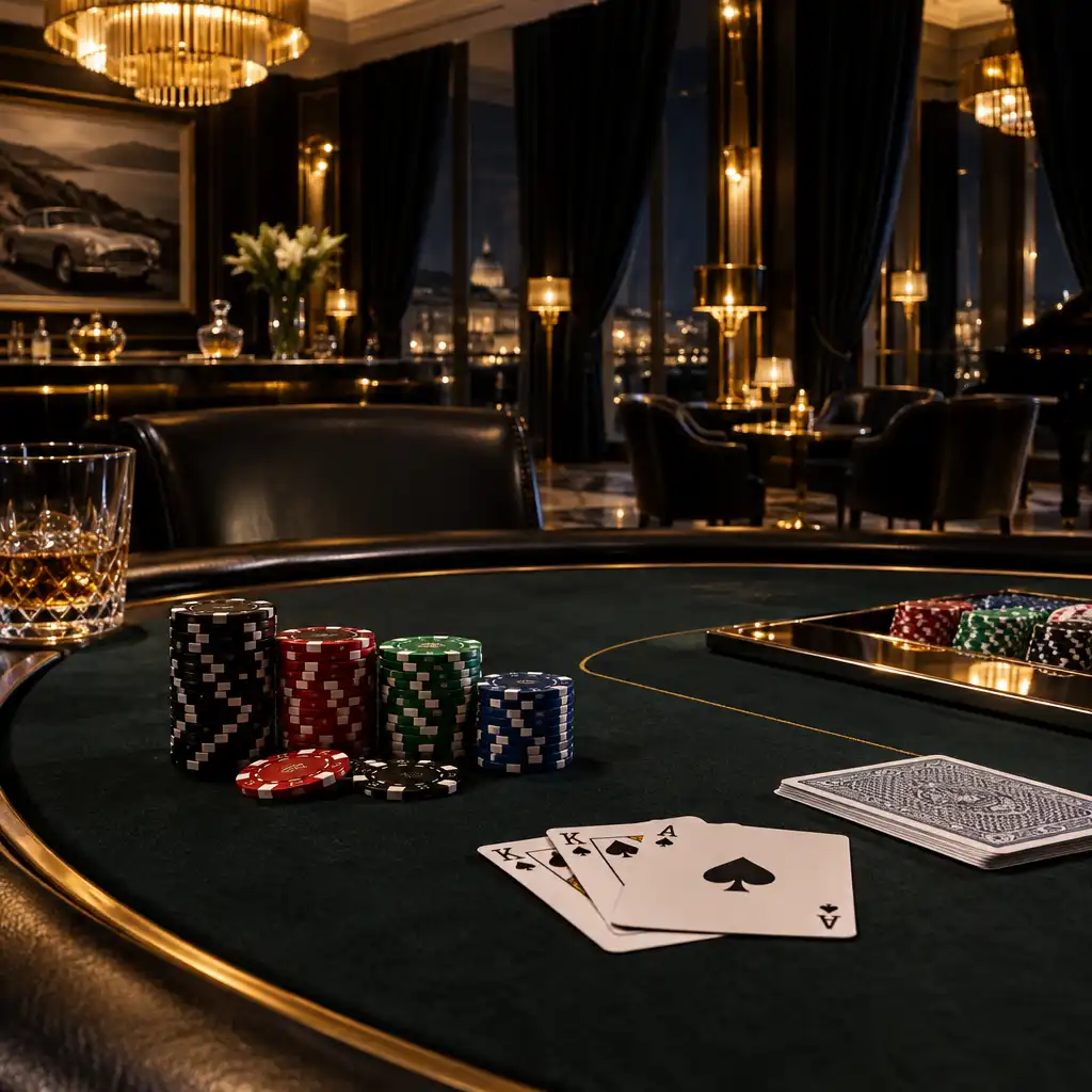 Spieltisch mit Karten und Chips in einem stilvollen Raum mit Bond-Flair