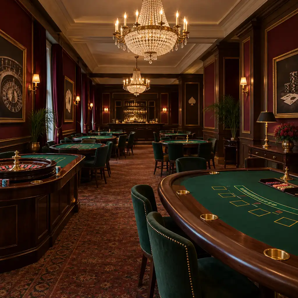 Eleganter Innenraum einer Veranstaltungslocation mit Casino-Thematik, dunklen Holzmöbeln und warmem Licht