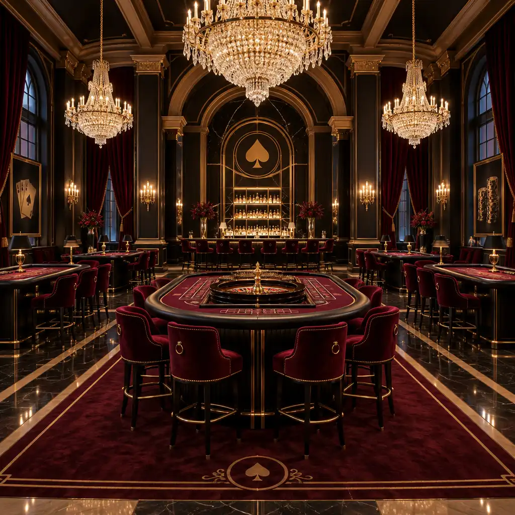Innenraum einer exklusiven Eventlocation mit Casino-Thematik und Kronleuchter