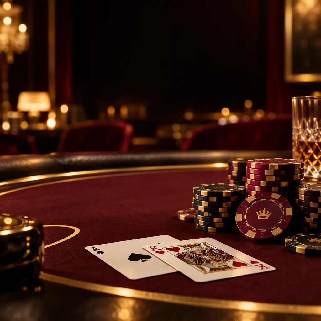 Eleganter Pokertisch mit Karten und Chips in warmem goldenen Licht