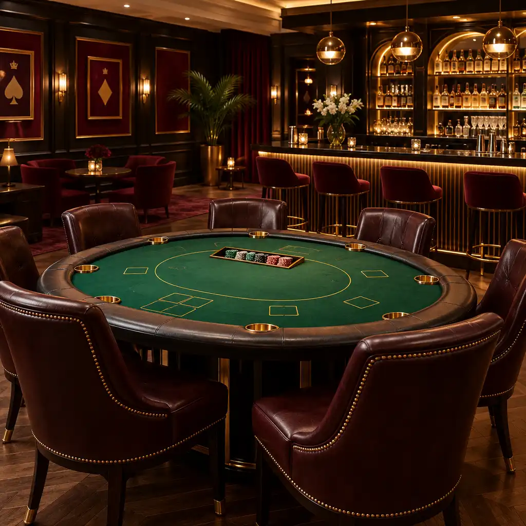 Stilvolle Eventlocation mit rundem Pokertisch, Bar und goldenen Akzenten