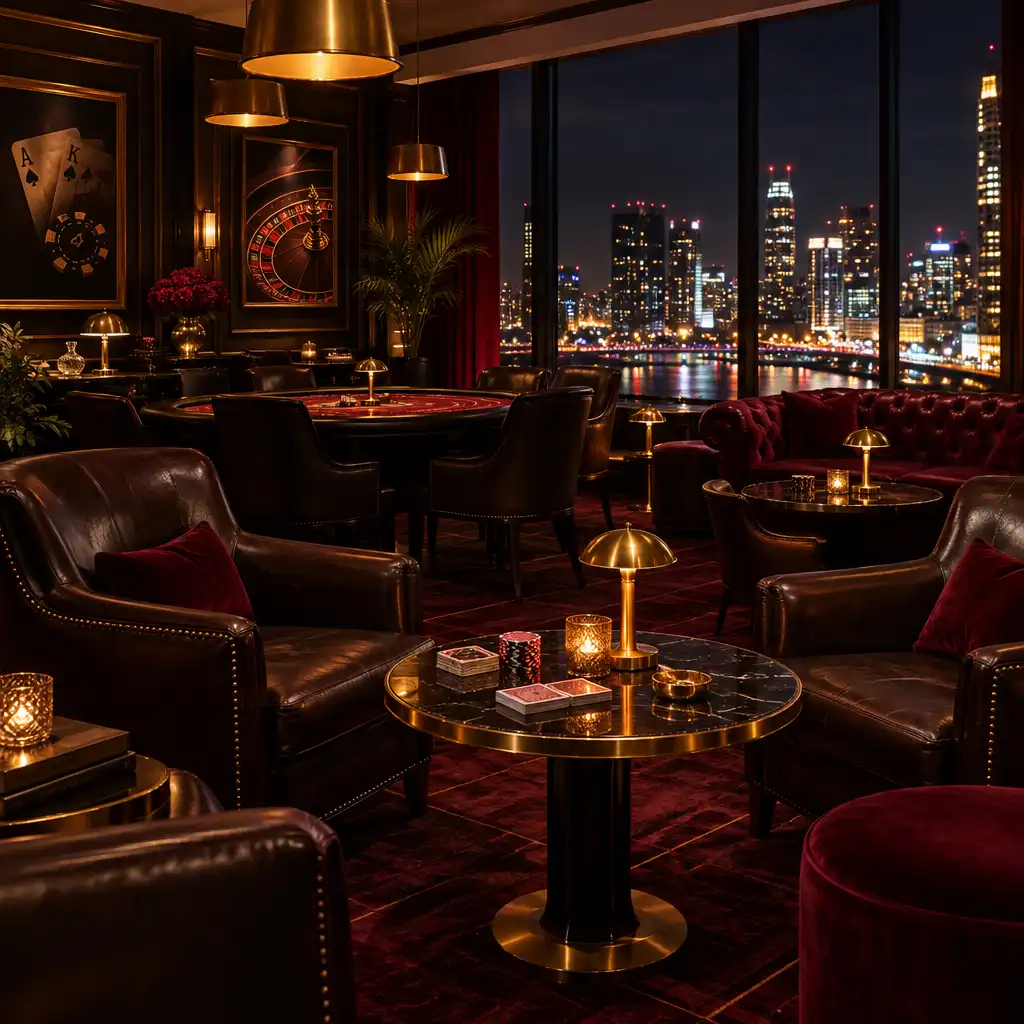 Exklusive Lounge mit Ledersesseln, niedrigen Tischen und Blick auf Stadtlichter bei Nacht
