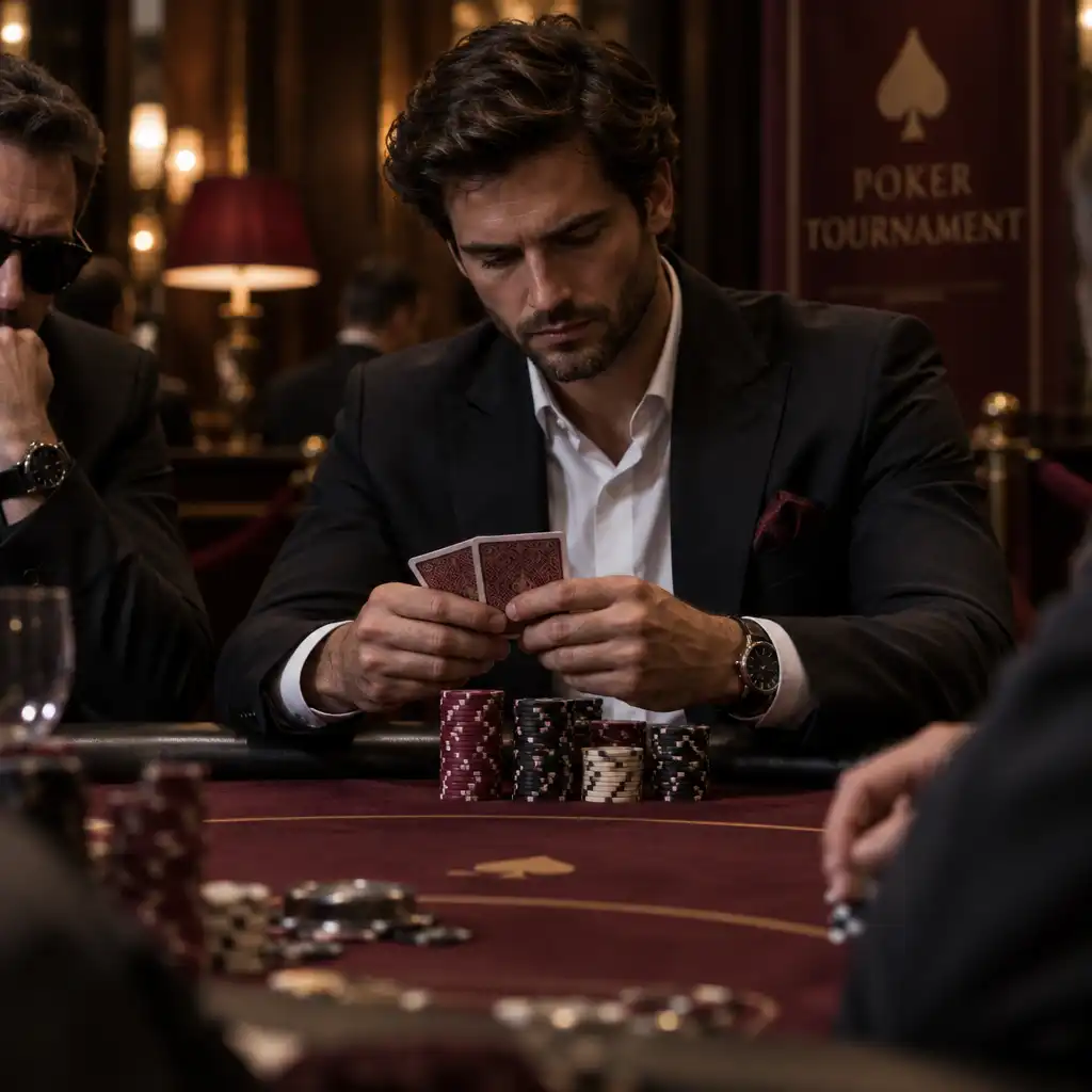 Spieler konzentriert an einem Pokertisch während eines Turniers