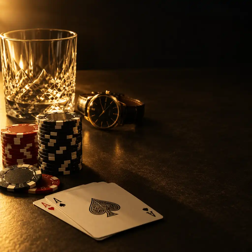 Pokerchips und Karten auf dunklem Tisch mit warmem Seitenlicht