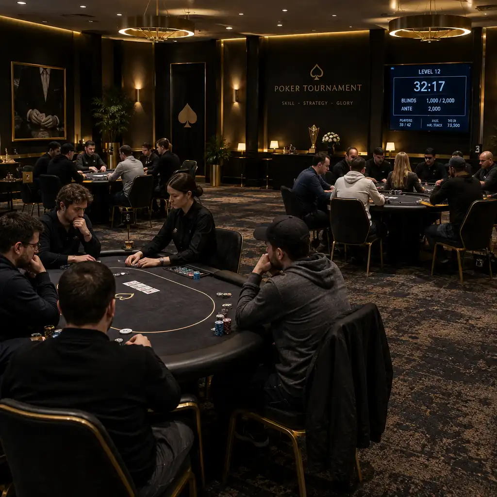 Weitwinkelansicht eines kleinen Pokerturniers in einem stilvollen Veranstaltungsraum