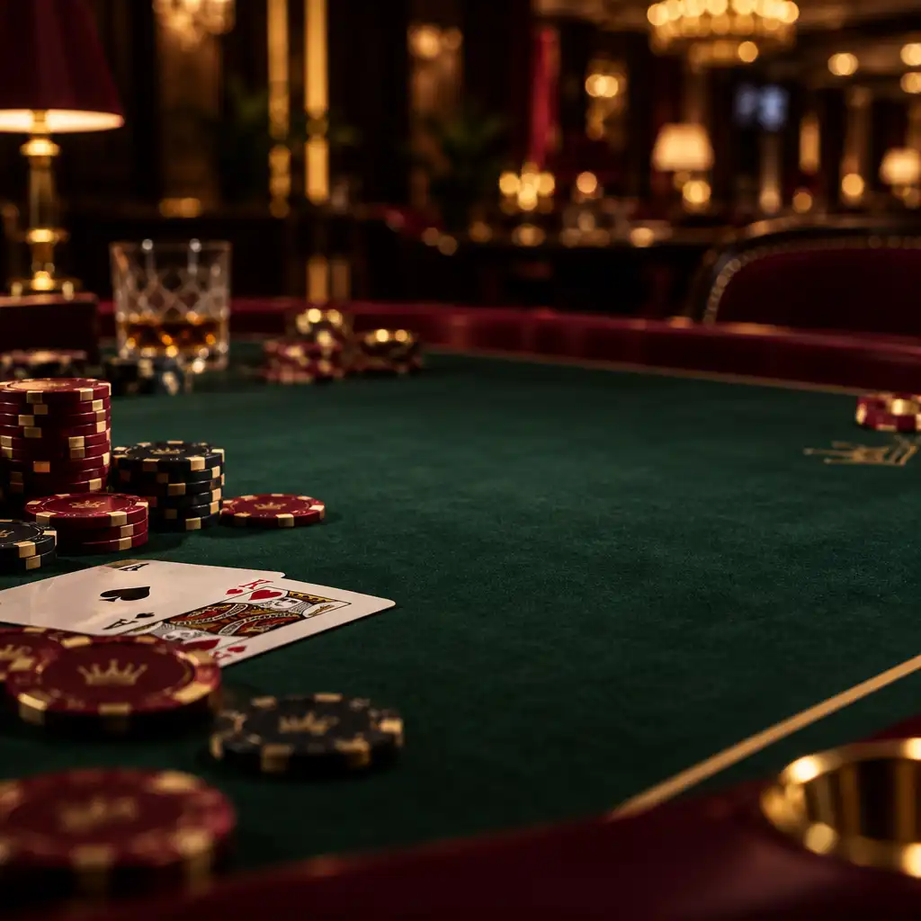 Eleganter Pokertisch mit Chips und Karten in stimmungsvollem Licht