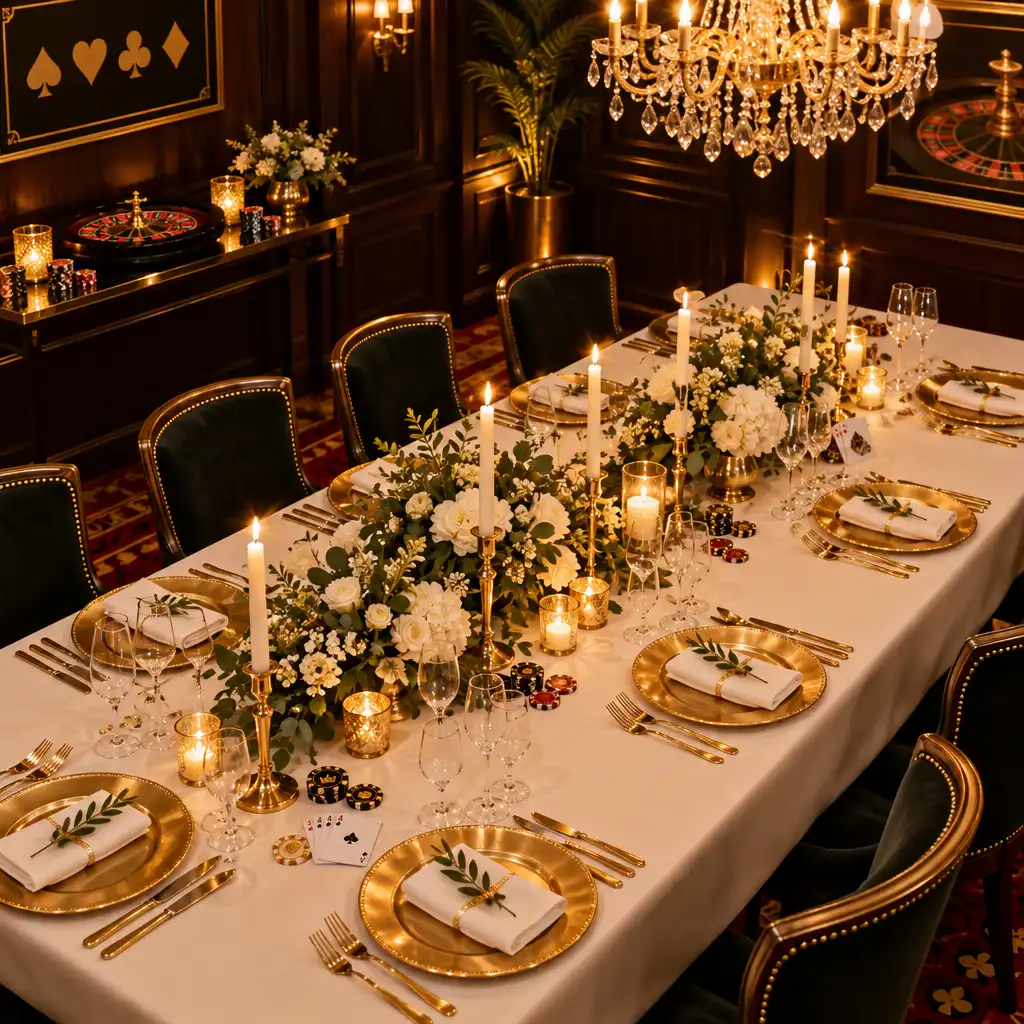 Festlich gedeckte Tafel mit weißen Tischdecken, goldenen Tellern und Kerzen in einer Location mit Casino-Thematik
