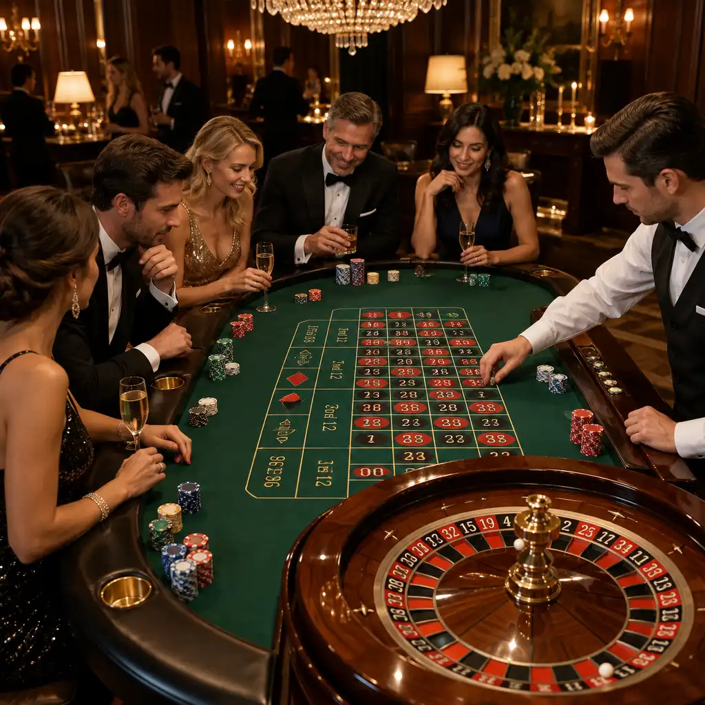 Eleganter Casino-Abend mit Roulettetisch und festlich gekleideten Gästen