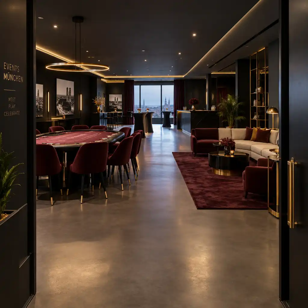 Moderne Eventlocation in München mit klaren Linien und indirekter Beleuchtung