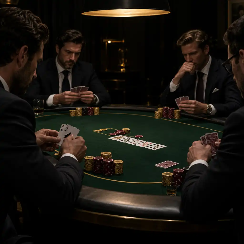 Exklusive private Pokerrunde an einem ovalen Pokertisch