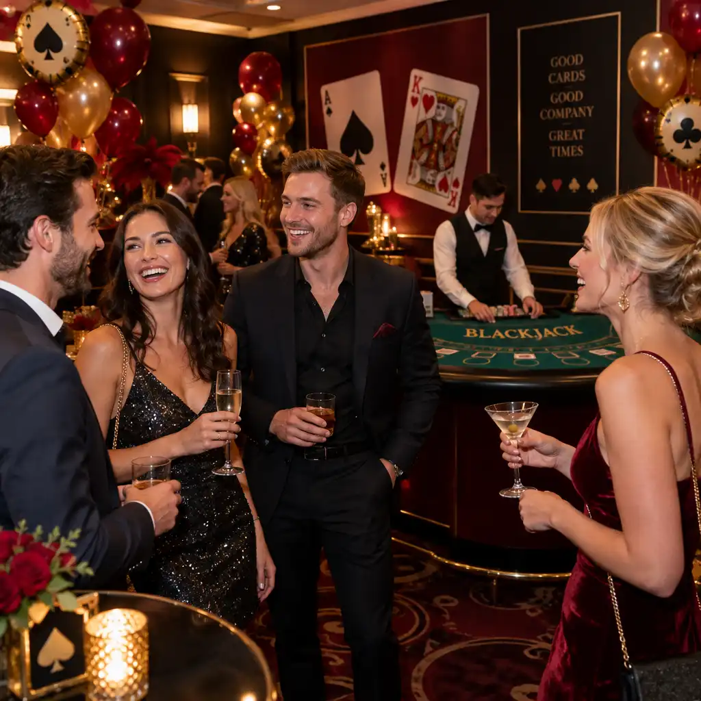Festlich dekorierte Themenparty mit Casino-Flair und Gästen